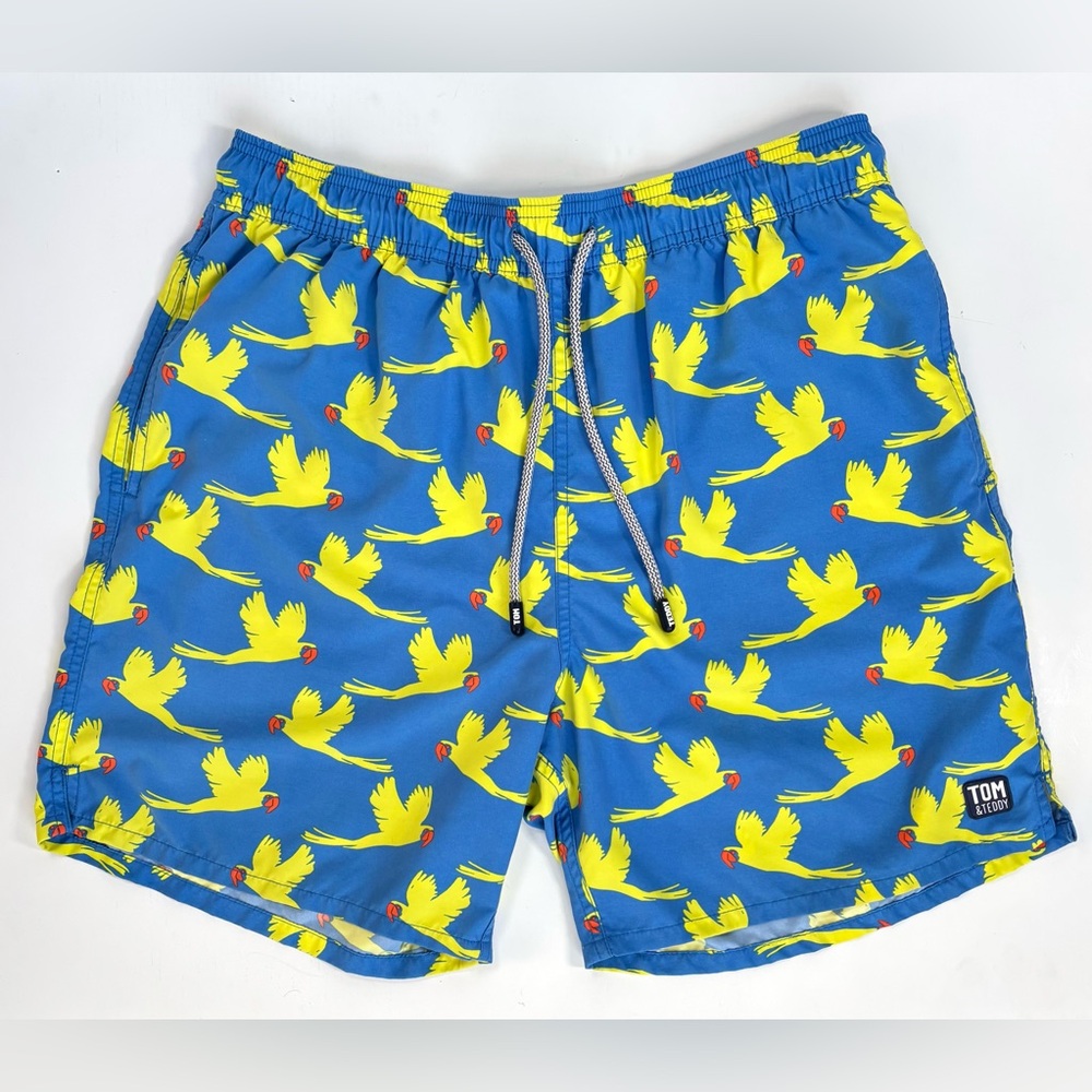 TOM & TEDDY‎ Parrot Swim Trunks Board Shorts 7” Blue Yellow Size Large EUC